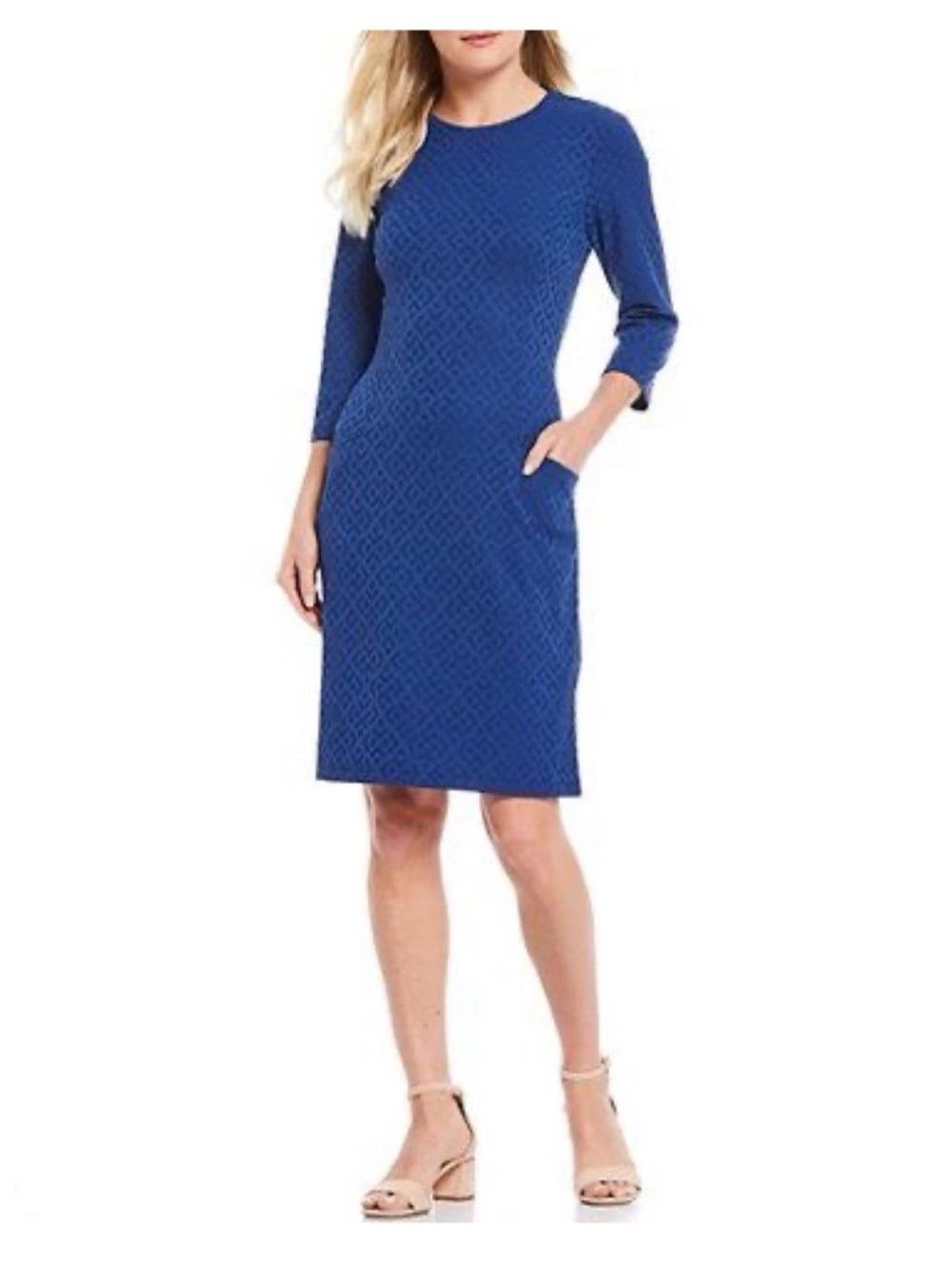 J McLaughlin Blue Textured Sheath Dress Medium 3/4 Sleeve Knee Length Size XL